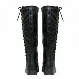 Black Leather High Boots Low Block Heel Warm Lining Knee High Casual Office