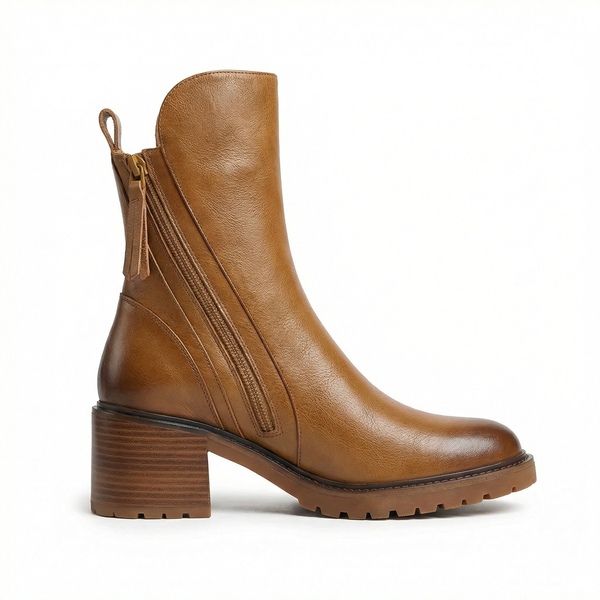 Ankle Boots Women Leather Round Toe Block Heel Side Zip Closure - Mateo & Eliana