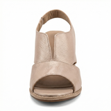Leather heeled sandals with comfort footbed and non-slip sole