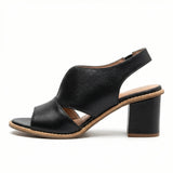 Leather Heeled Sandals with Comfort Footbed, Non-Slip Sole, Buckle Strap - Mateo & Eliana
