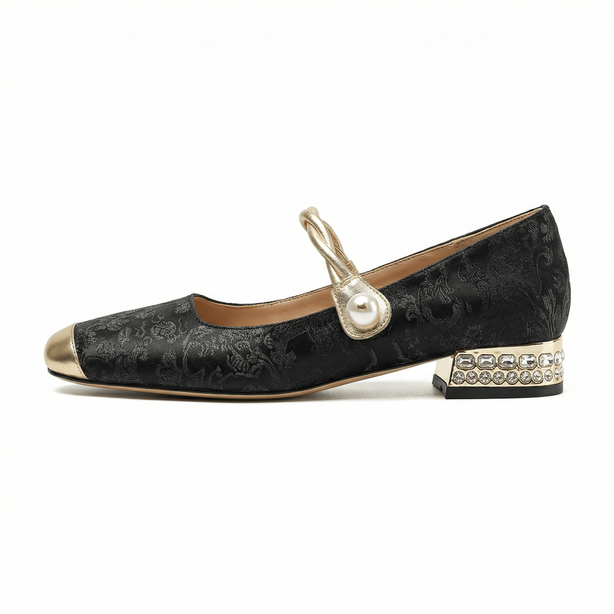 Square Toe Heels Pearl Ankle Strap Floral Fabric Cushioned Insole - Mateo & Eliana