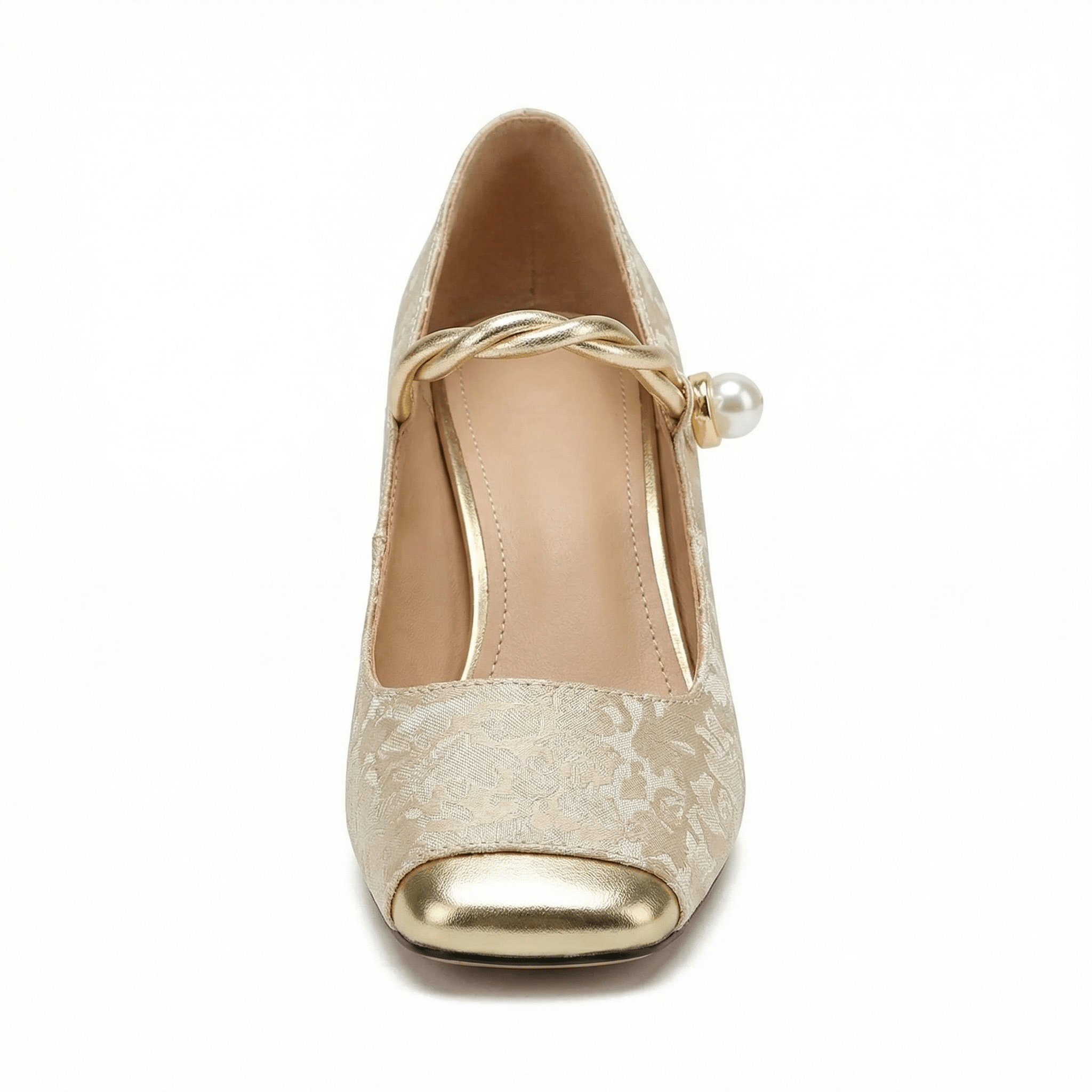 Square Toe Heels Pearl Ankle Strap Floral Fabric Cushioned Insole - Mateo & Eliana