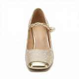 Square Toe Heels Pearl Ankle Strap Floral Fabric Cushioned Insole - Mateo & Eliana