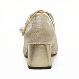 Square Toe Heels Pearl Ankle Strap Floral Fabric Cushioned Insole - Mateo & Eliana