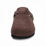 Suede slippers with cork footbed and adjustable straps