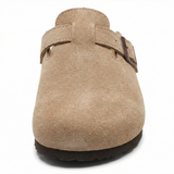 Suede slippers with cork footbed and adjustable straps