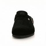 Suede slippers with cork footbed and adjustable straps