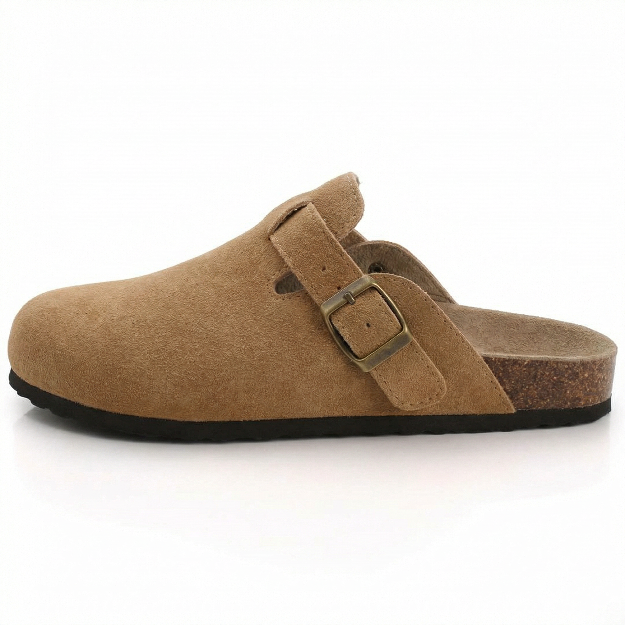 Suede slippers with cork footbed and adjustable straps