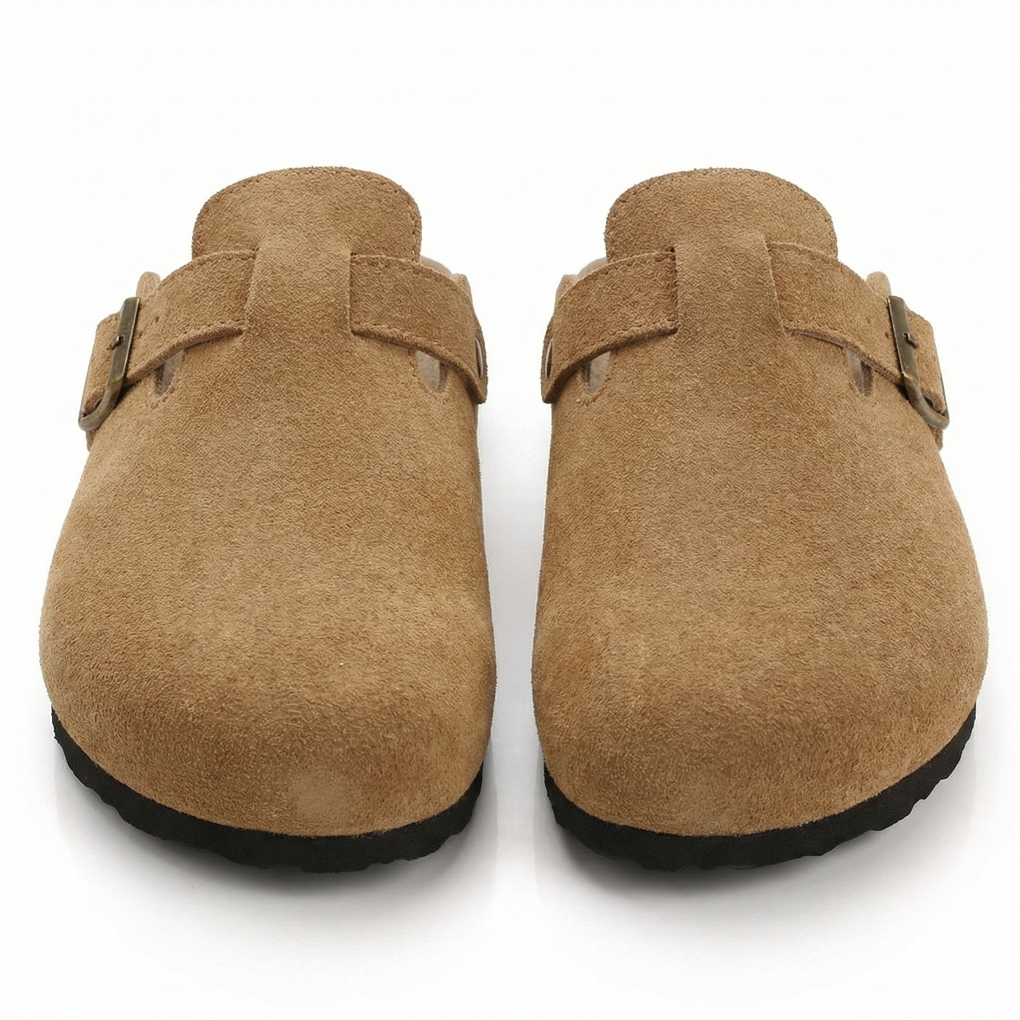 Suede slippers with cork footbed and adjustable straps