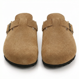 Suede slippers with cork footbed and adjustable straps