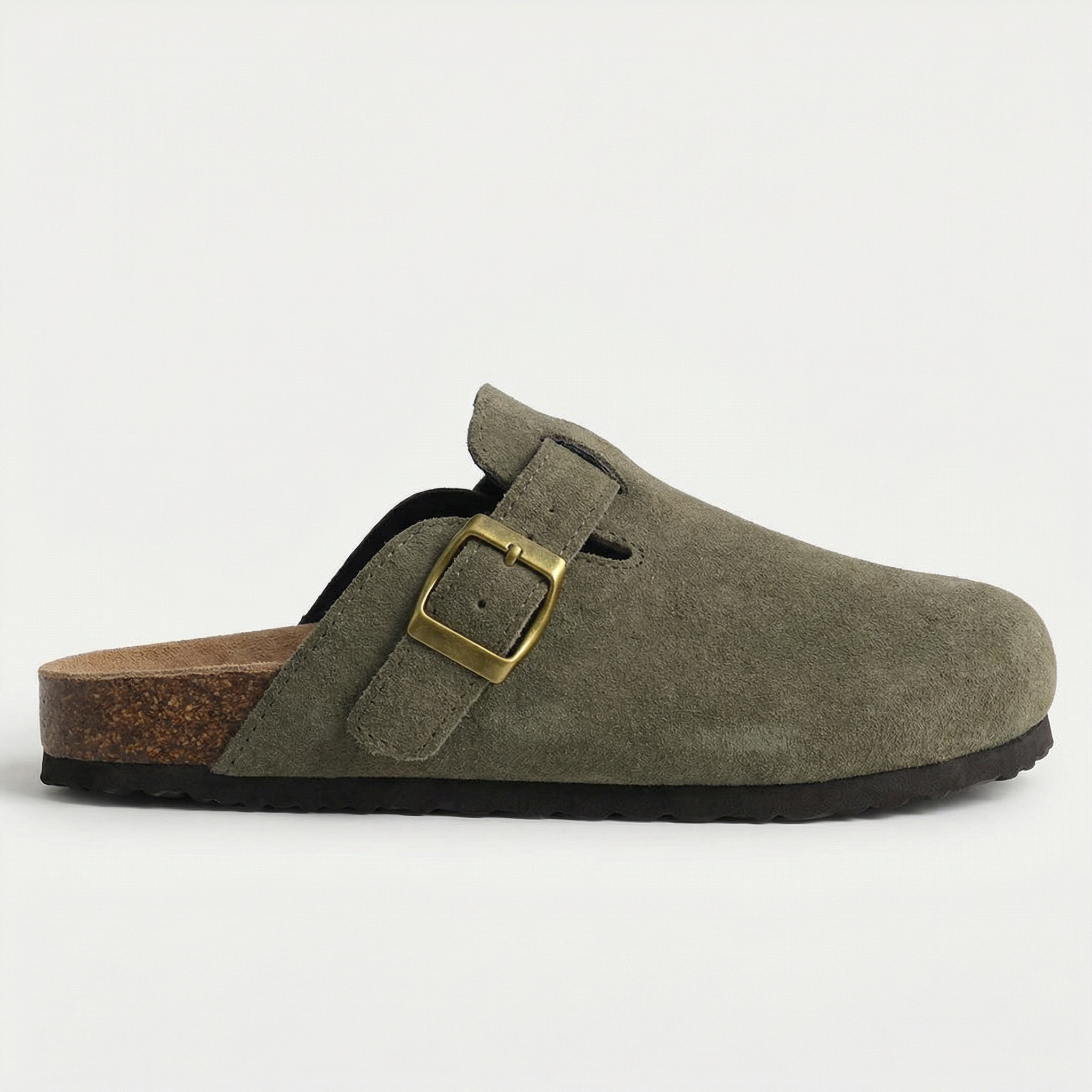 Suede slippers with cork footbed and adjustable straps