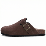 Suede slippers with cork footbed and adjustable straps