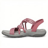 Women's Flat Open Toe Sandals Memory Foam Insole Adjustable Velcro Straps Faux Leather Upper - Mateo & Eliana