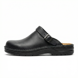 Women's leather slip-on clogs with backless design and thick sole