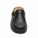 Women's leather slip-on clogs with backless design and thick sole