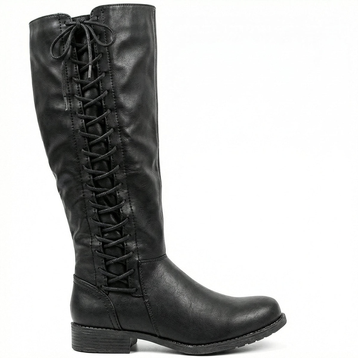 Black Leather High Boots Low Block Heel Warm Lining Knee High Casual Office