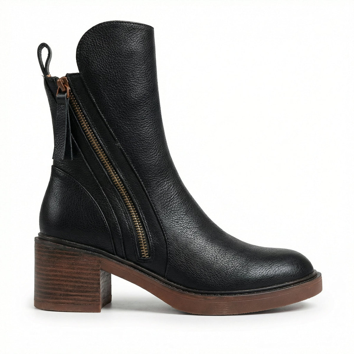 Ankle Boots Women Leather Round Toe Block Heel Side Zip Closure - Mateo & Eliana