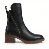 Ankle Boots Women Leather Round Toe Block Heel Side Zip Closure - Mateo & Eliana