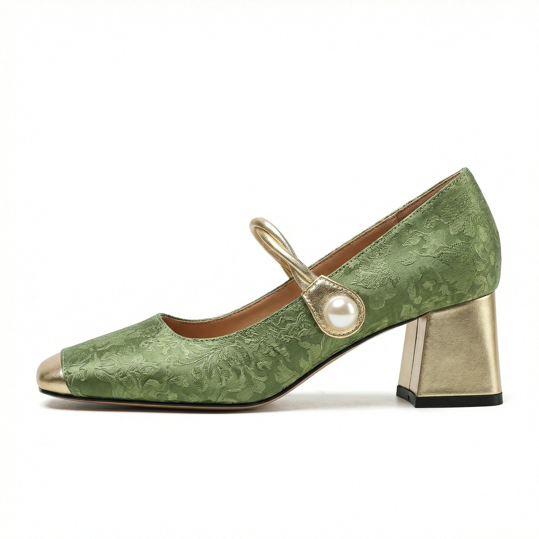 Square Toe Heels Pearl Ankle Strap Floral Fabric Cushioned Insole - Mateo & Eliana