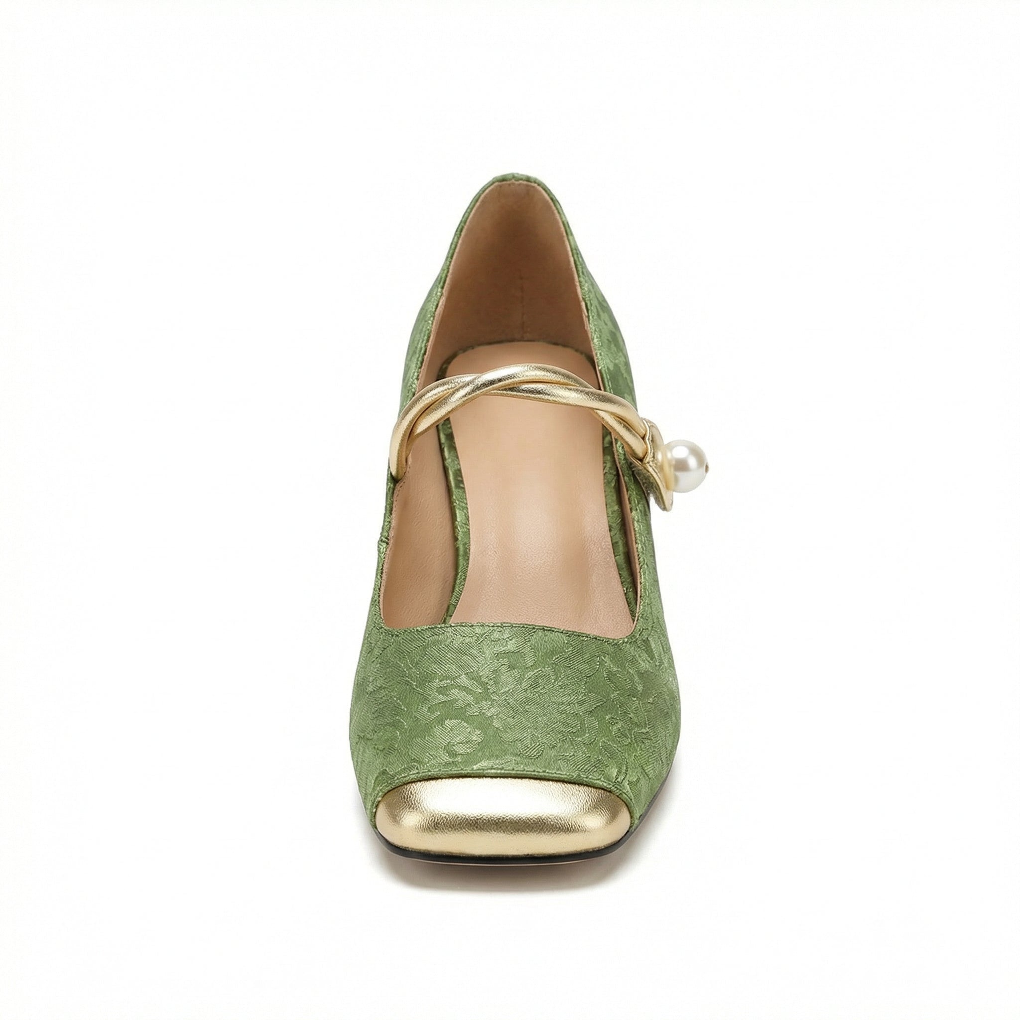 Square Toe Heels Pearl Ankle Strap Floral Fabric Cushioned Insole - Mateo & Eliana