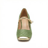 Square Toe Heels Pearl Ankle Strap Floral Fabric Cushioned Insole - Mateo & Eliana
