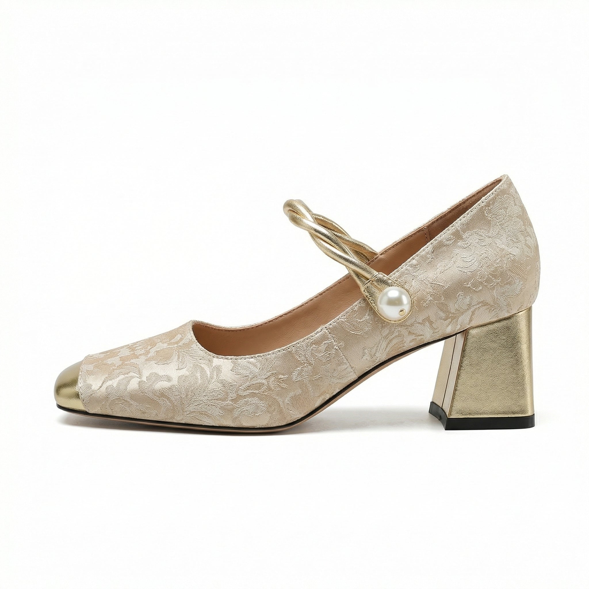 Square Toe Heels Pearl Ankle Strap Floral Fabric Cushioned Insole - Mateo & Eliana