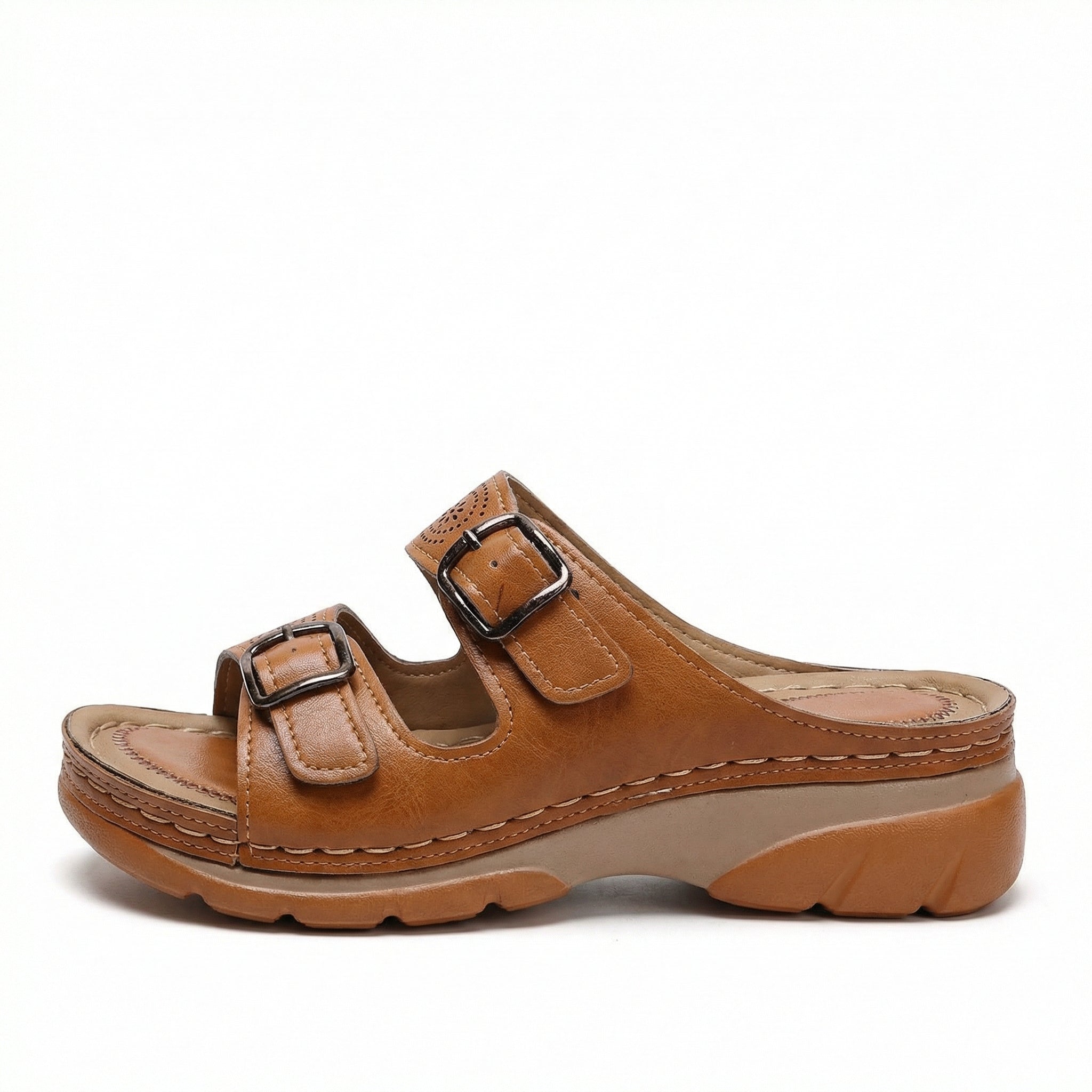Women's Leather Sandals, Ergonomic Footbed, Arch Support, Adjustable Strap, Non-Slip Sole - Mateo & Eliana